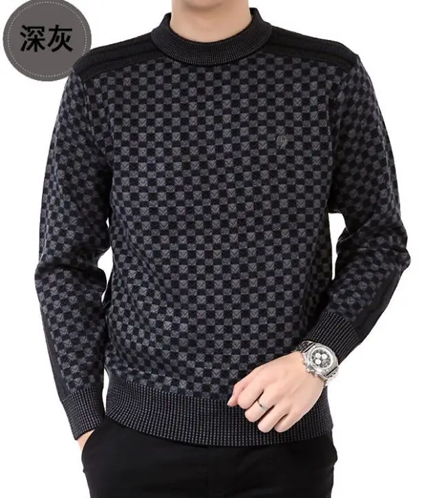 Middle-aged Men Plaid Pullover Sweater Black Thick Mercerized - Image 4