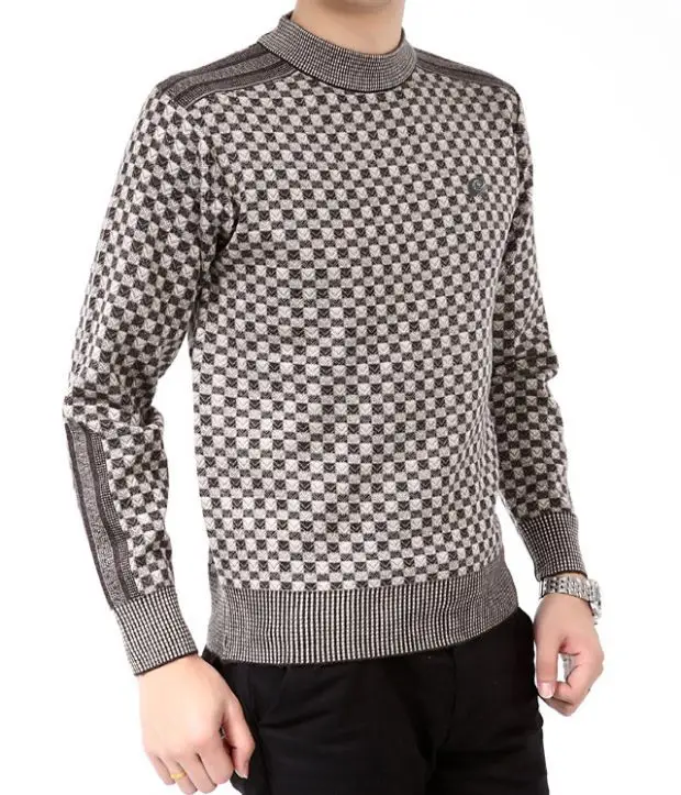 Middle-aged Men Plaid Pullover Sweater Black Thick Mercerized - Image 5