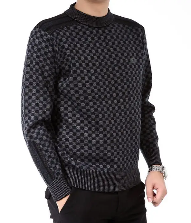 Middle-aged Men Plaid Pullover Sweater Black Thick Mercerized - Image 6
