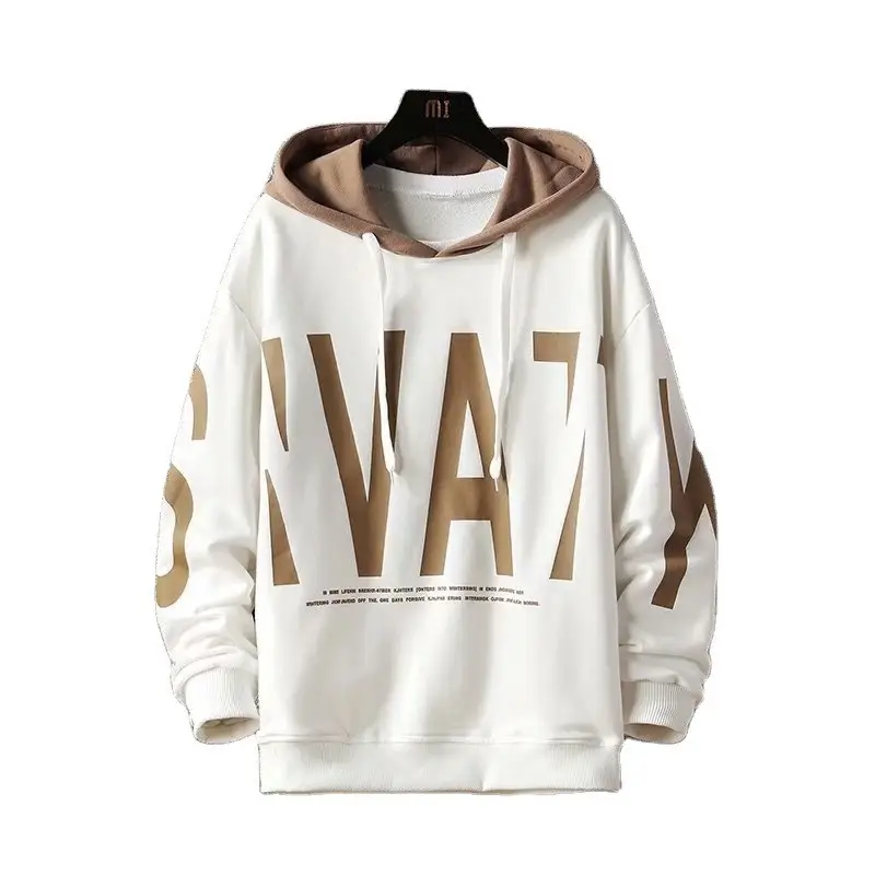 Men's White Graphic Hoodie with Brown Hooded Neck