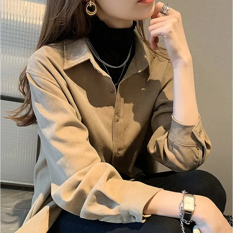 Women's Long Sleeve Sanding White Shirt with Corduroy Texture - Image 5