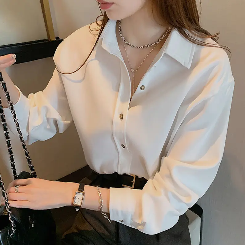 Women's Long Sleeve Sanding White Shirt with Corduroy Texture - Image 6