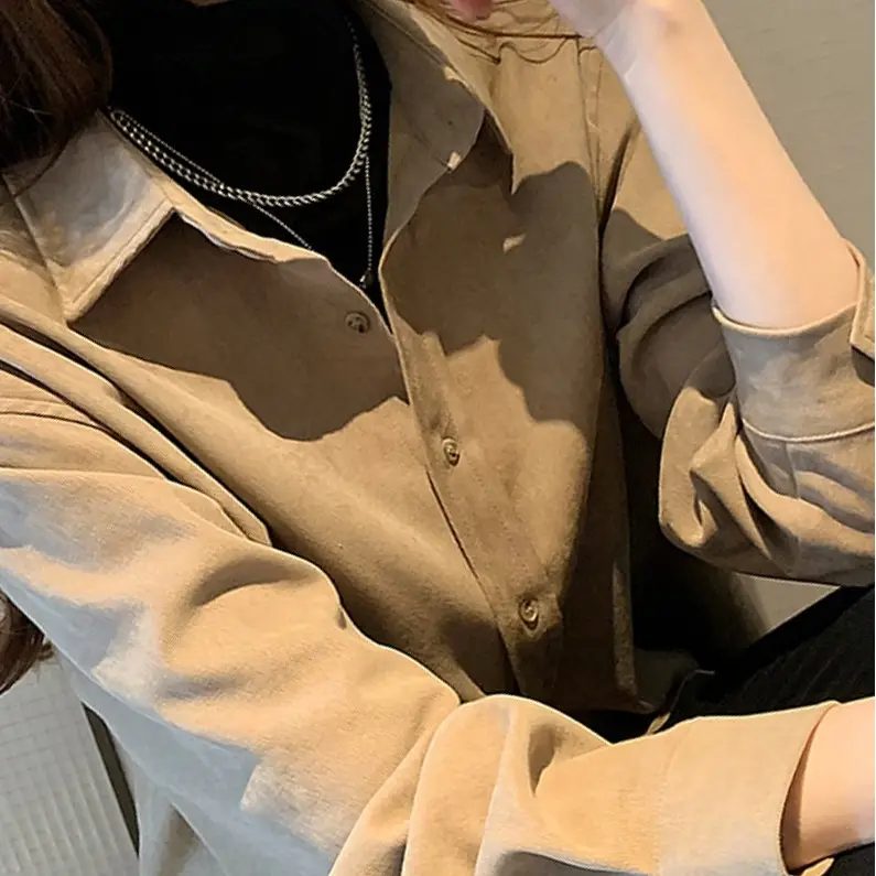 Women's Long Sleeve Sanding White Shirt with Corduroy Texture - Image 7