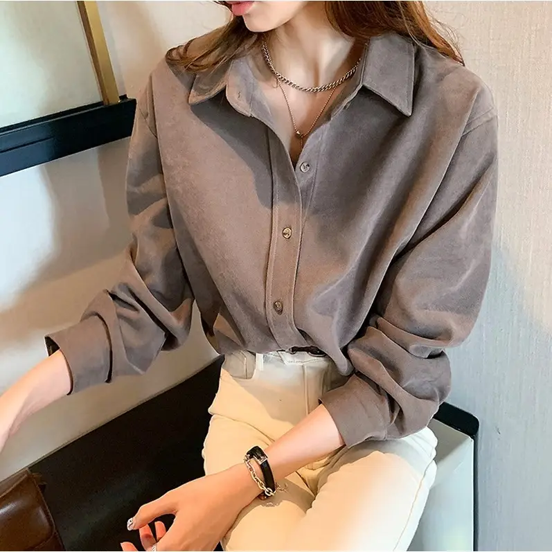 Women's Long Sleeve Sanding White Shirt with Corduroy Texture - Image 8