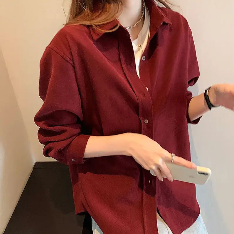 Women's Long Sleeve Sanding White Shirt with Corduroy Texture - Image 9