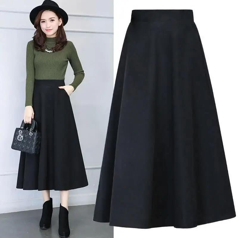 2024 Woolen Skirt Women Black A-Line Mid Length