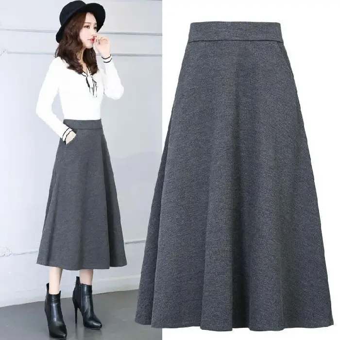 2024 Woolen Skirt Women Black A-Line Mid Length