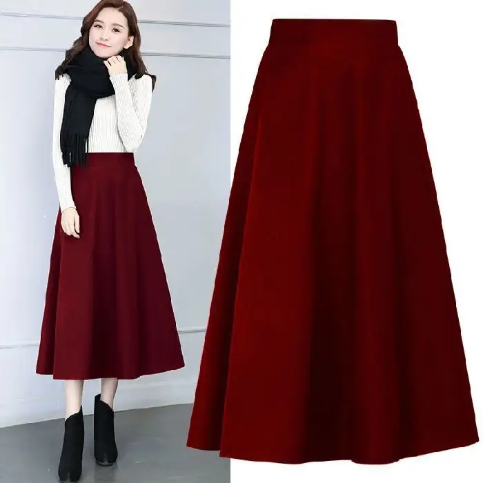 2024 Woolen Skirt Women Black A-Line Mid Length