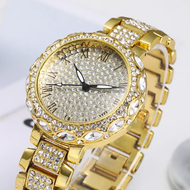 Gold Diamond-Encrusted Women's Watch with Roman Numeral - Image 6