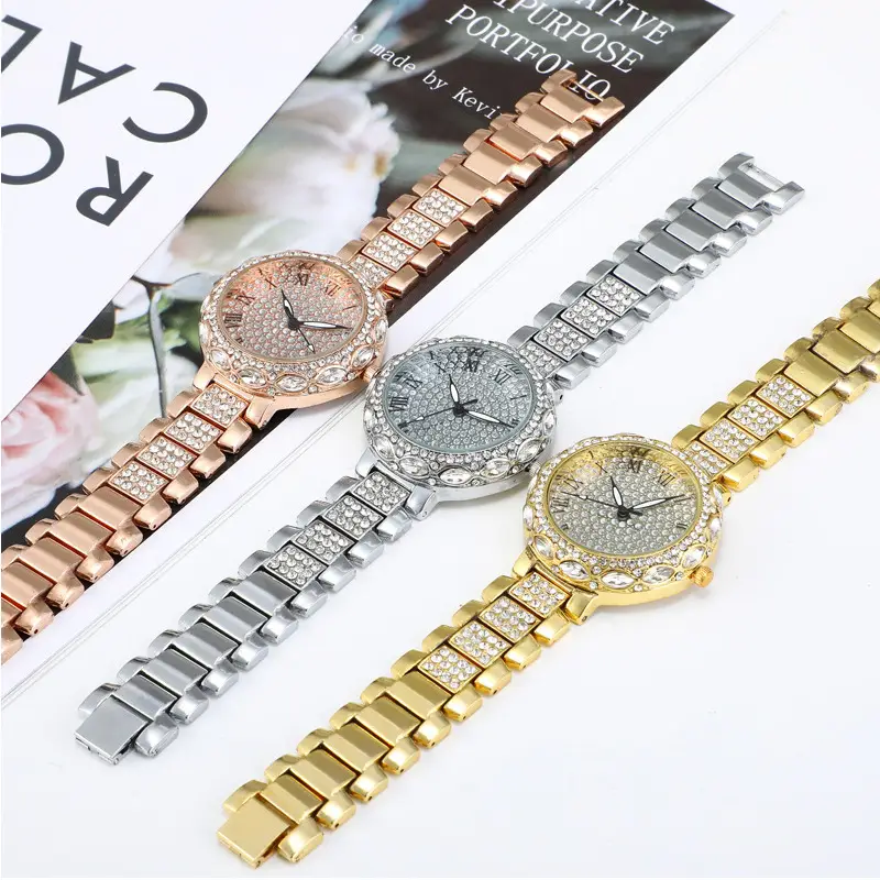 Gold Diamond-Encrusted Women's Watch with Roman Numeral - Image 7