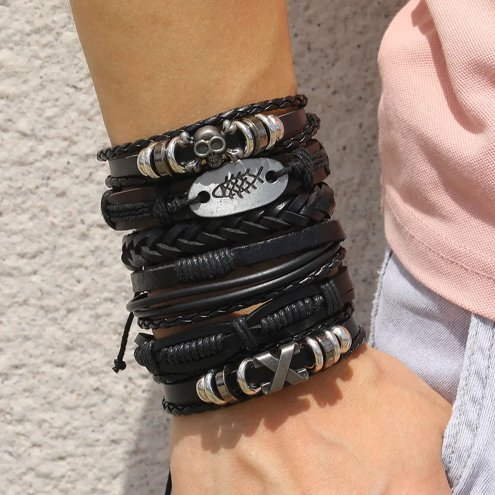 Black Braided Skull Bracelets Set Adjustable Cross-Border Wear - Image 4