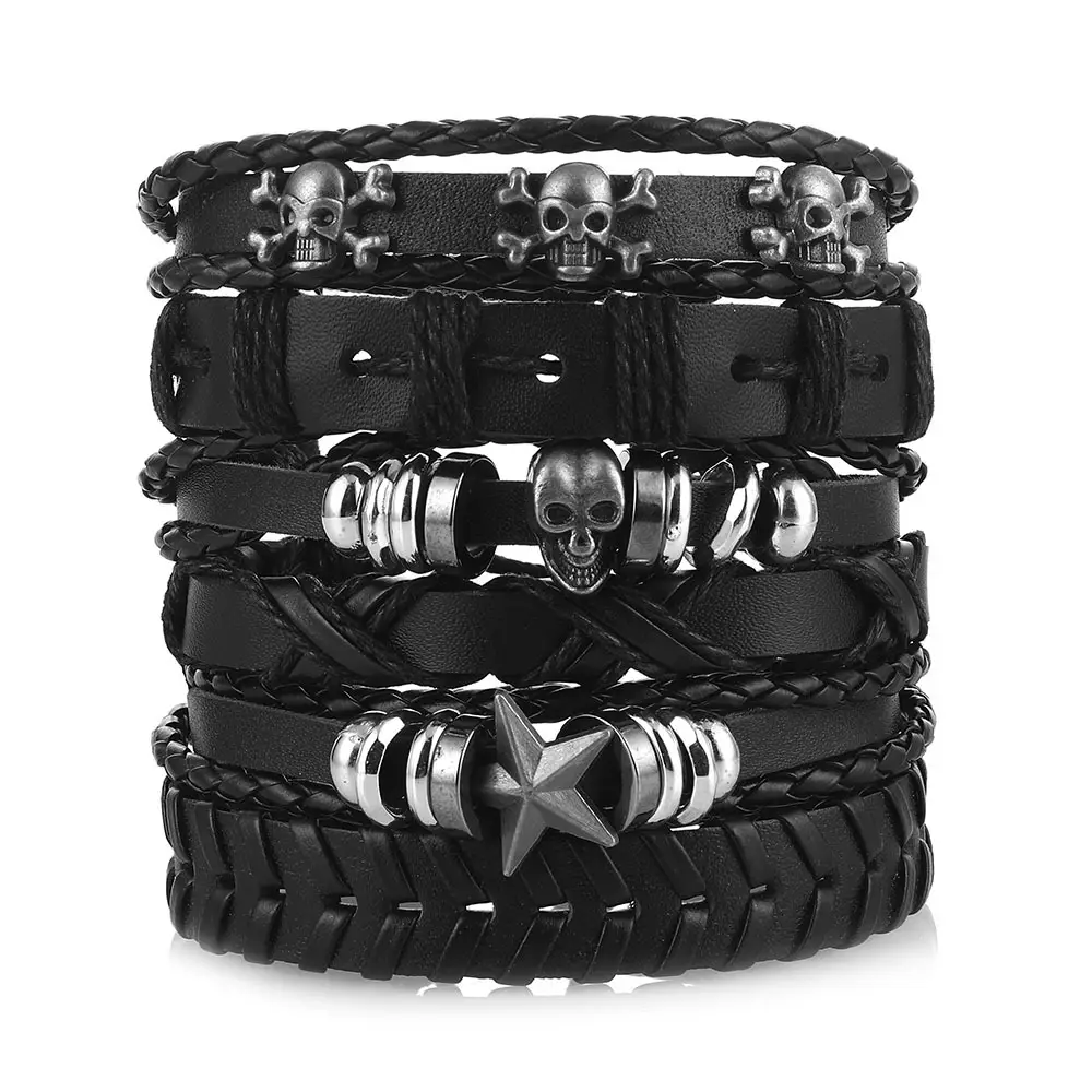 Black Braided Skull Bracelets Set Adjustable Cross-Border Wear - Image 2