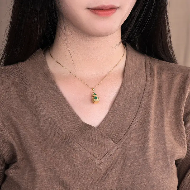 Copper Plated Green Stone Necklace with Gourd Design - Image 3