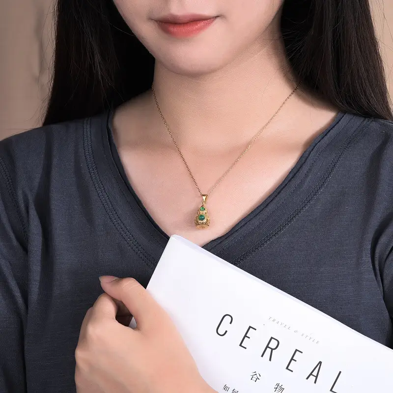 Copper Plated Green Stone Necklace with Gourd Design - Image 4