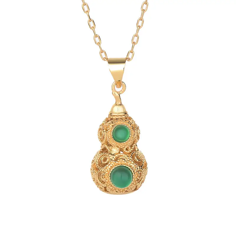 Copper Plated Green Stone Necklace with Gourd Design - Image 5