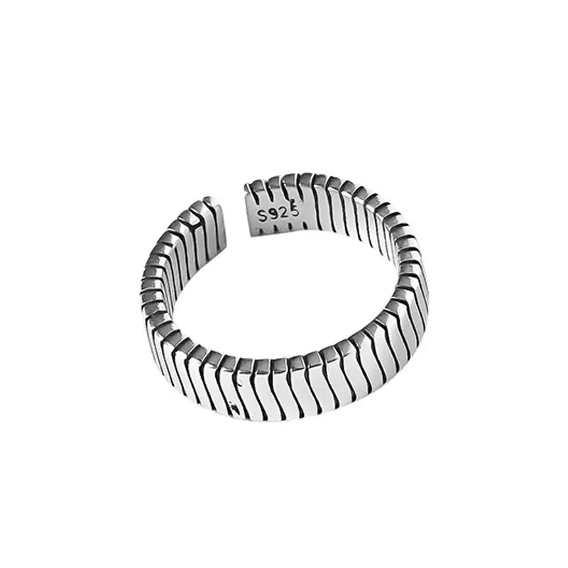 925 Sterling Silver Wide Woven Ring with Vertical Stripe & Twist Design - Image 6