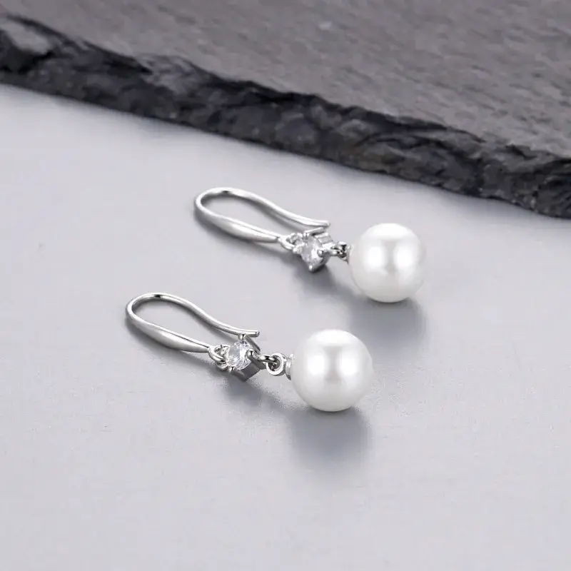 Pearl Earrings Women Silver Diamond Hook - Image 3