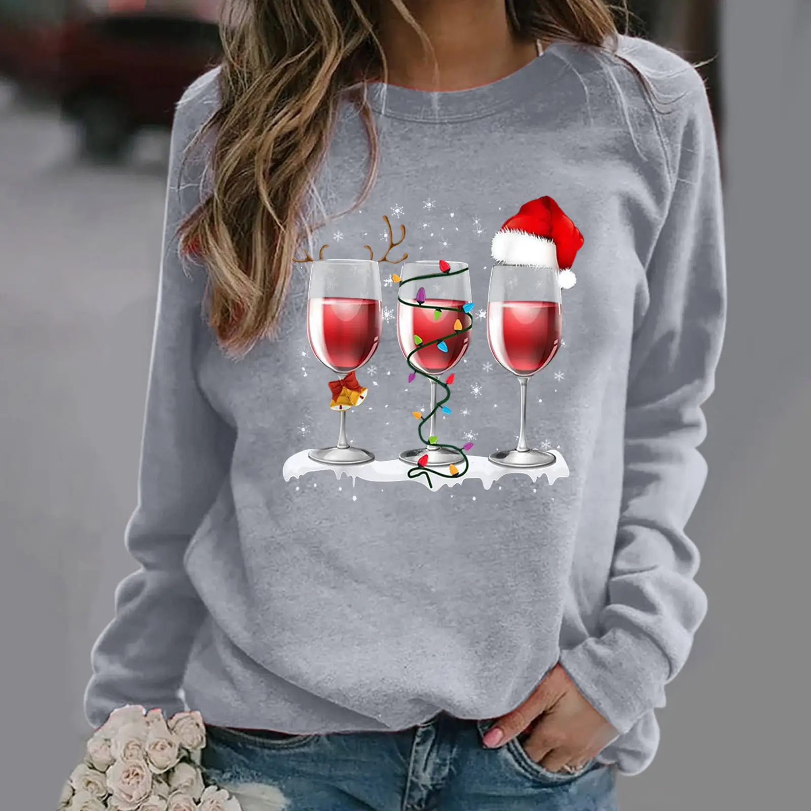 Christmas Printed Long Sleeve Hoodie for Women Grey - Image 5