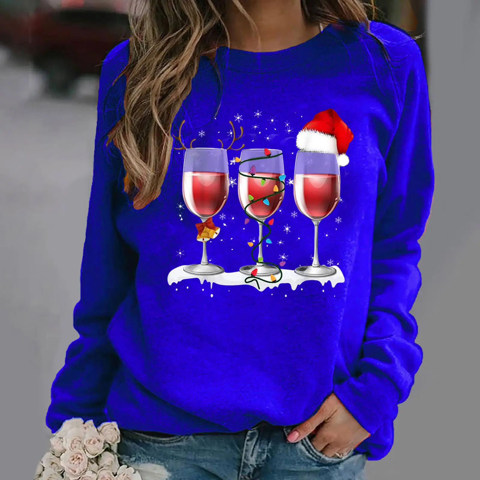 Christmas Printed Long Sleeve Hoodie for Women Grey - Image 3