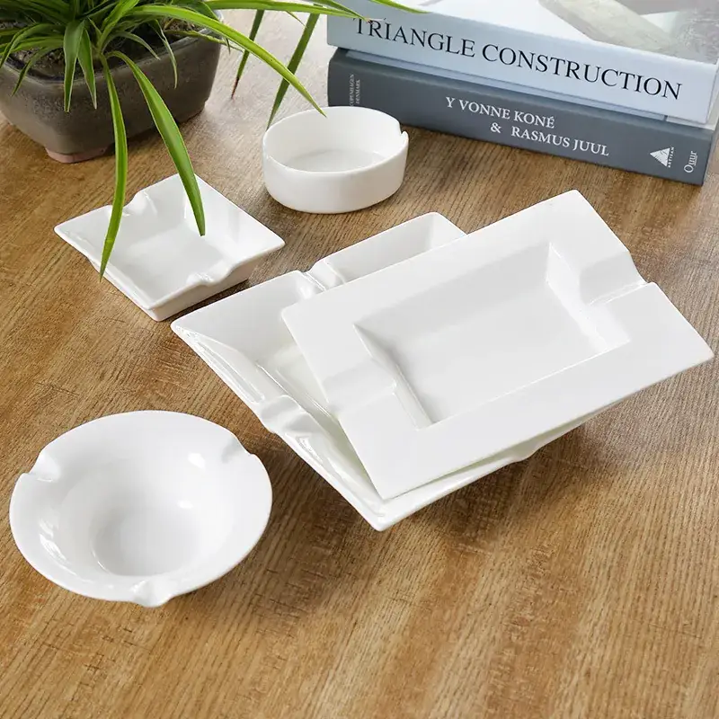 White Bone China Ashtray Set, 4Pc, Custom Logo, Hotel Club, Large Size