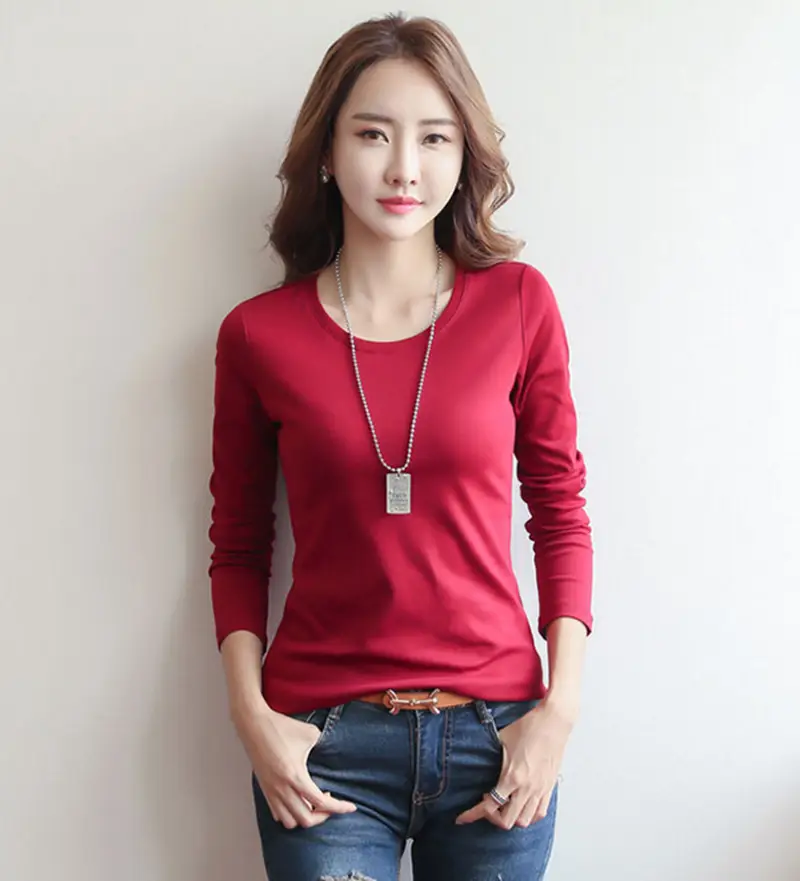 Women Red Long Sleeve Slim Fit T-Shirt - Image 4