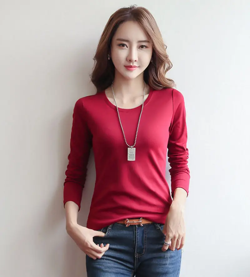Women Red Long Sleeve Slim Fit T-Shirt — feature 12