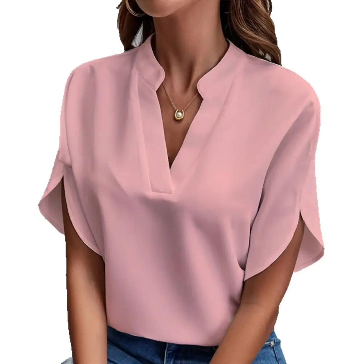 Women's Pink V Neck Short Sleeve Pullover Shirt