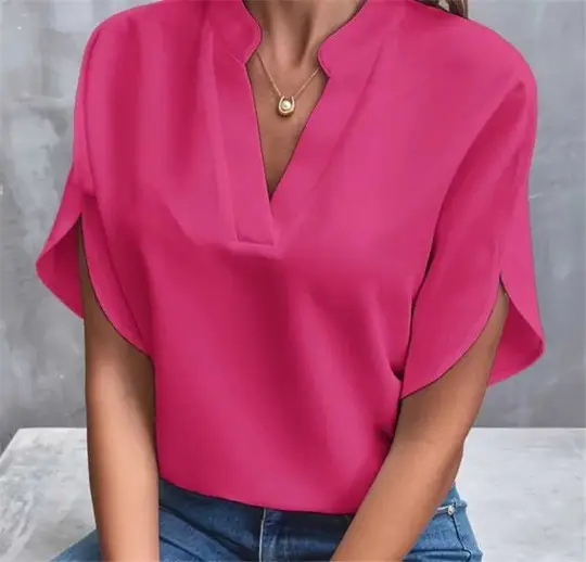 Women's Pink V Neck Short Sleeve Pullover Shirt