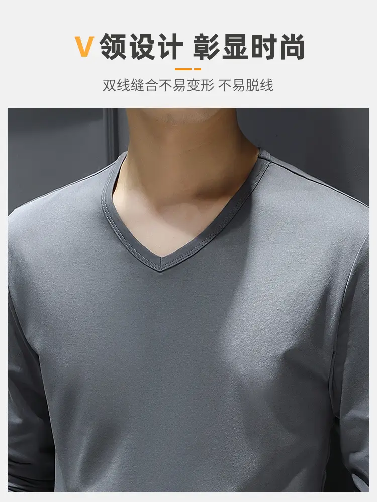 Men Grey V Neck Long Sleeve T-Shirt - Image 9