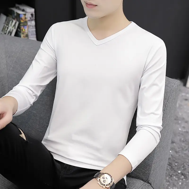 Men Grey V Neck Long Sleeve T-Shirt - Image 2