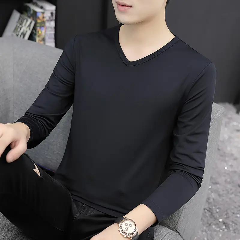Men Grey V Neck Long Sleeve T-Shirt - Image 3