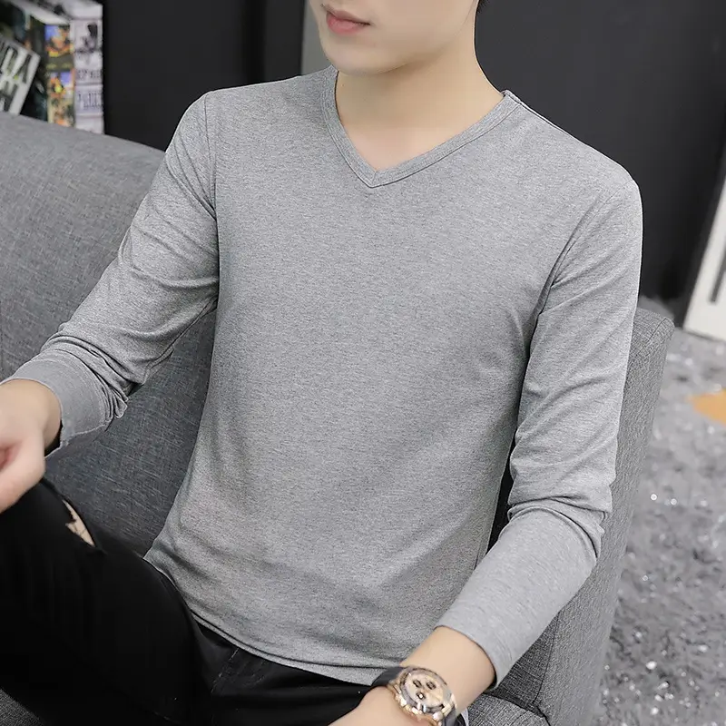 Men Grey V Neck Long Sleeve T-Shirt - Image 4