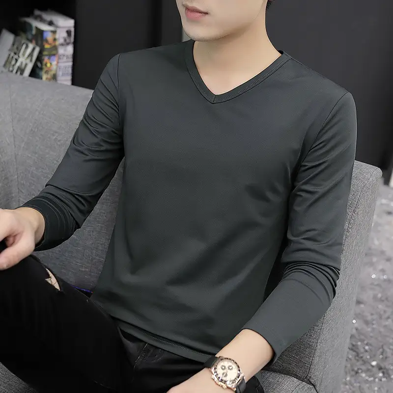 Men Grey V Neck Long Sleeve T-Shirt - Image 5