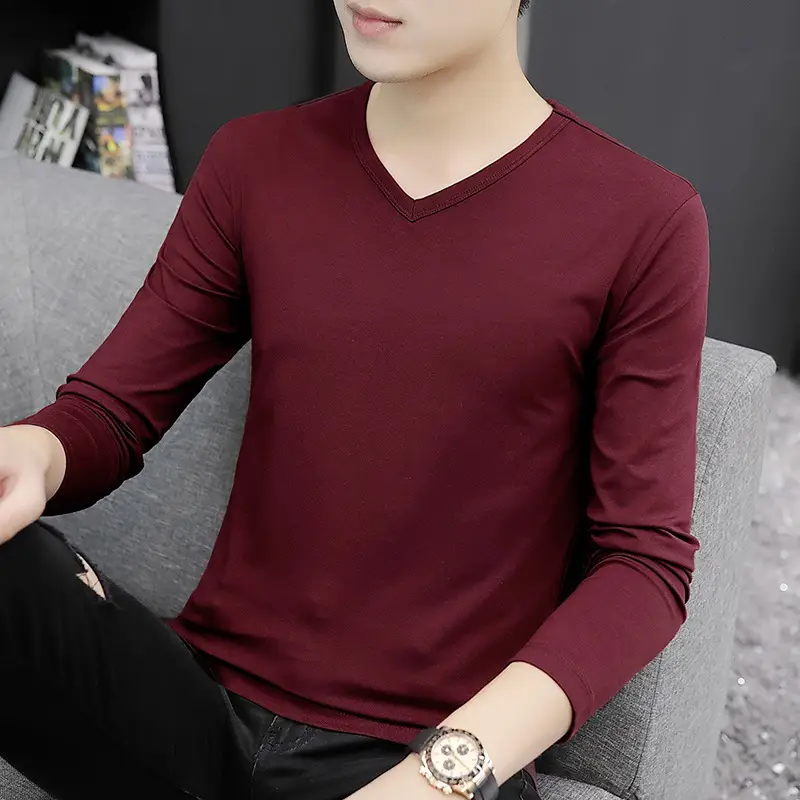 Men Grey V Neck Long Sleeve T-Shirt - Image 6