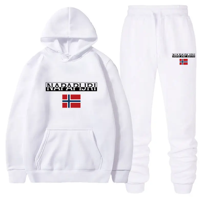 Men Women Black Fleece Hoodie Set with Flag Print