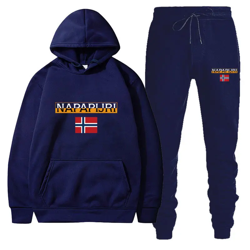 Men Women Black Fleece Hoodie Set with Flag Print