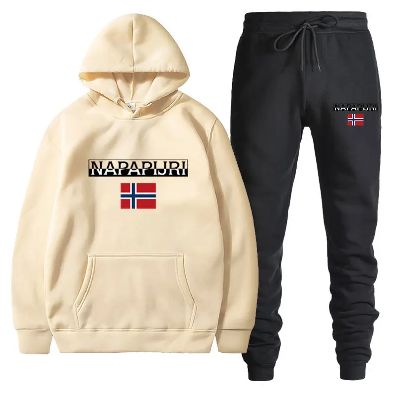 Men Women Black Fleece Hoodie Set with Flag Print