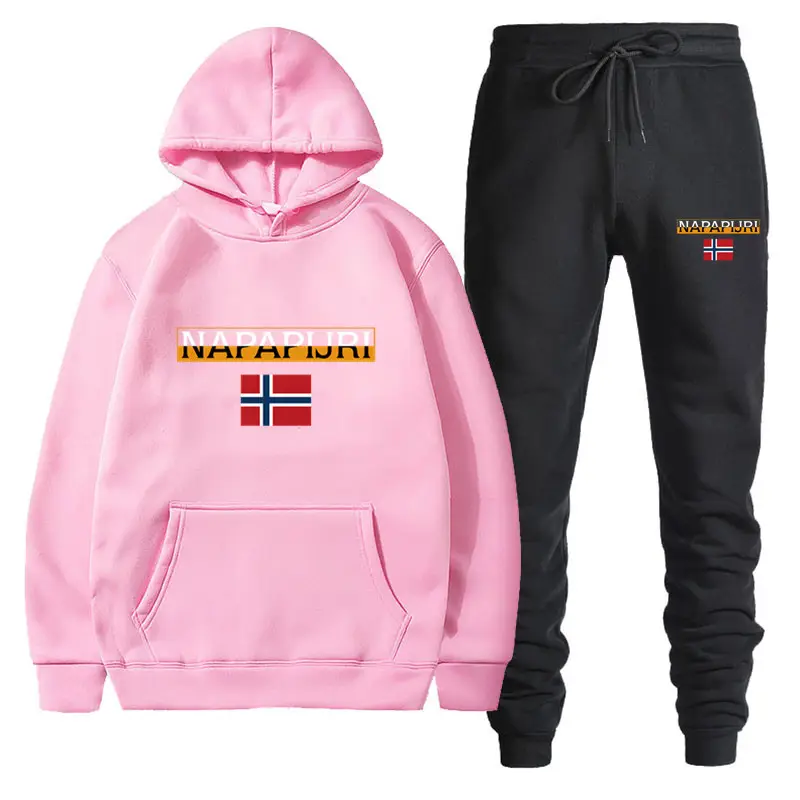 Men Women Black Fleece Hoodie Set with Flag Print