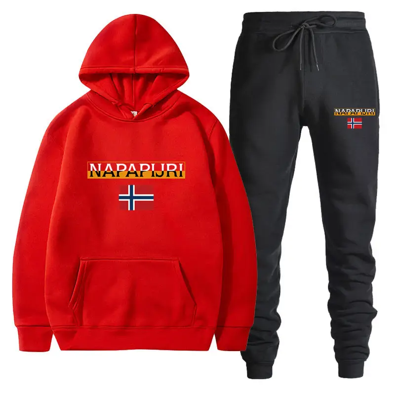 Men Women Black Fleece Hoodie Set with Flag Print