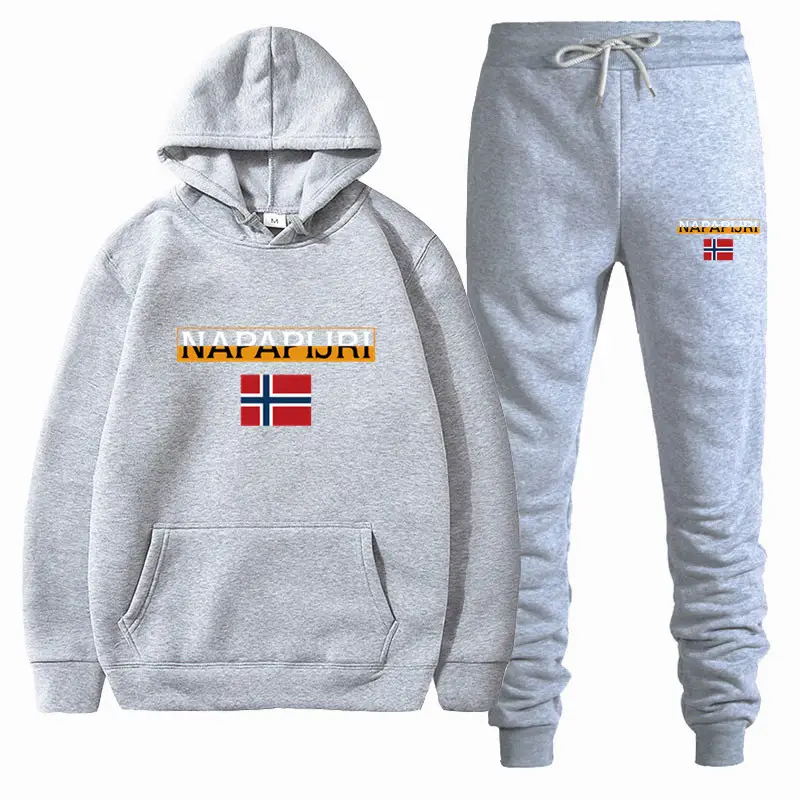 Men Women Black Fleece Hoodie Set with Flag Print