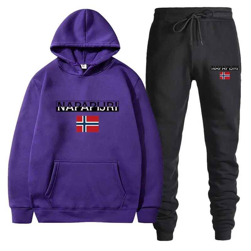 Men Women Black Fleece Hoodie Set with Flag Print