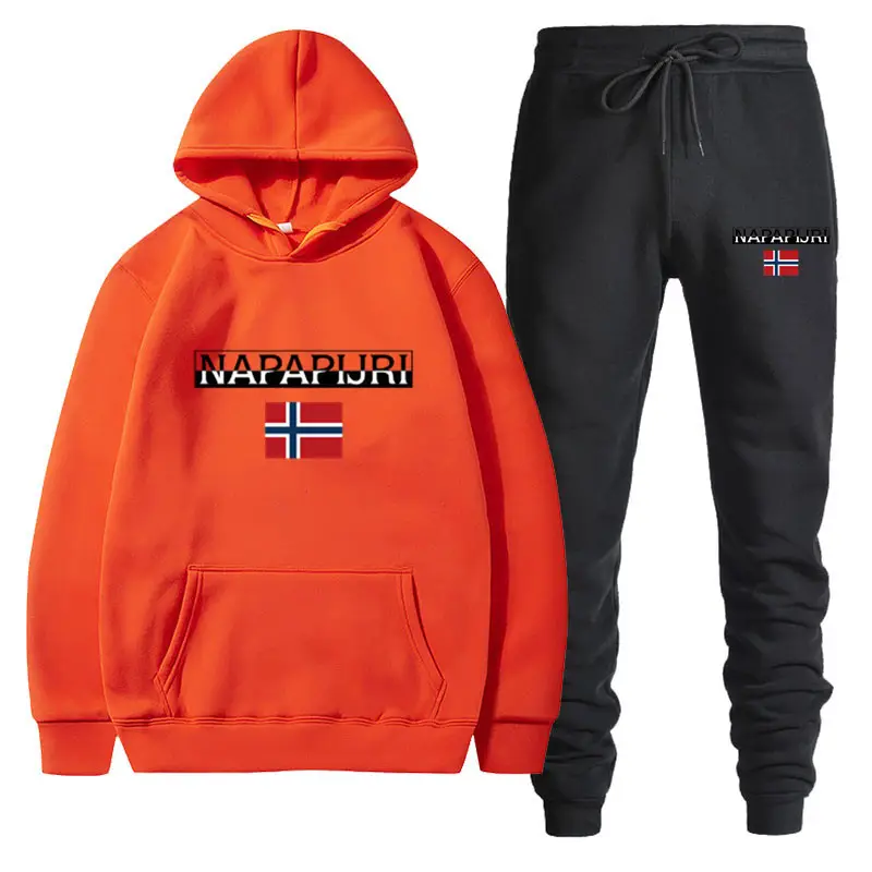 Men Women Black Fleece Hoodie Set with Flag Print