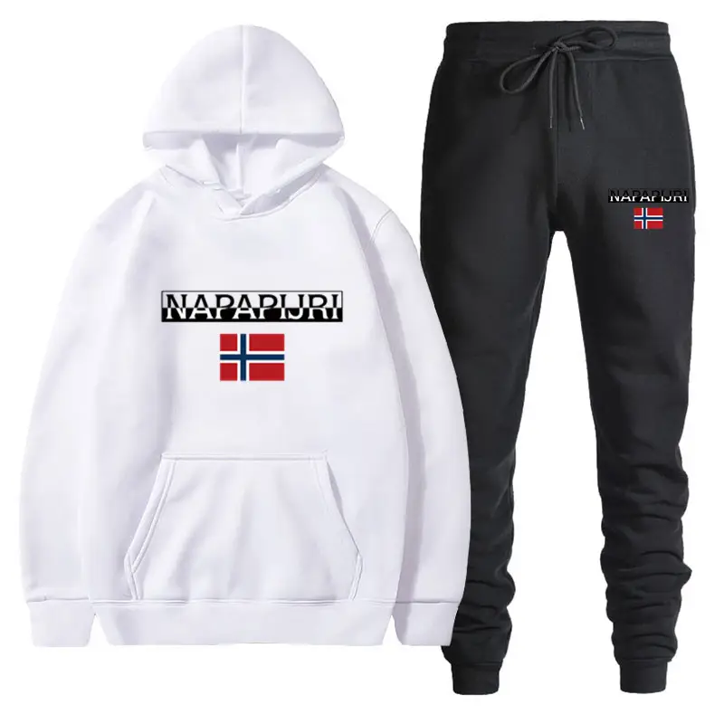 Men Women Black Fleece Hoodie Set with Flag Print