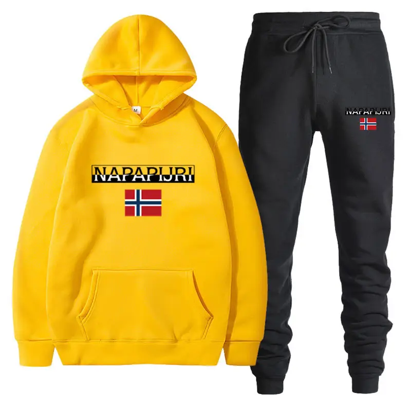 Men Women Black Fleece Hoodie Set with Flag Print