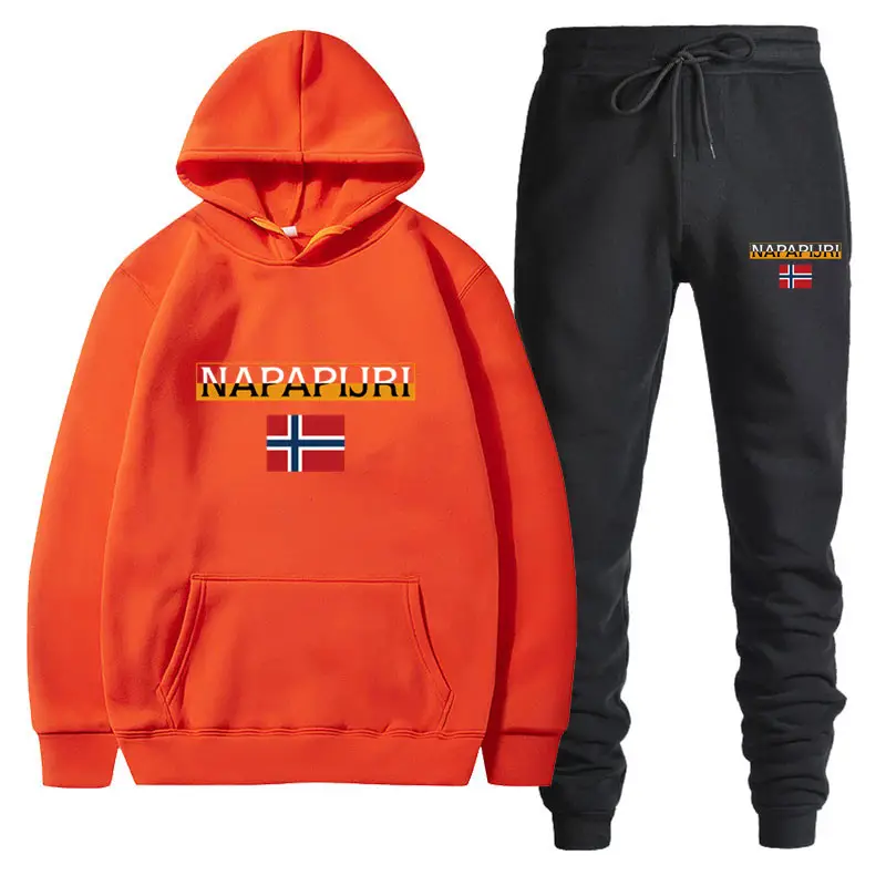 Men Women Black Fleece Hoodie Set with Flag Print