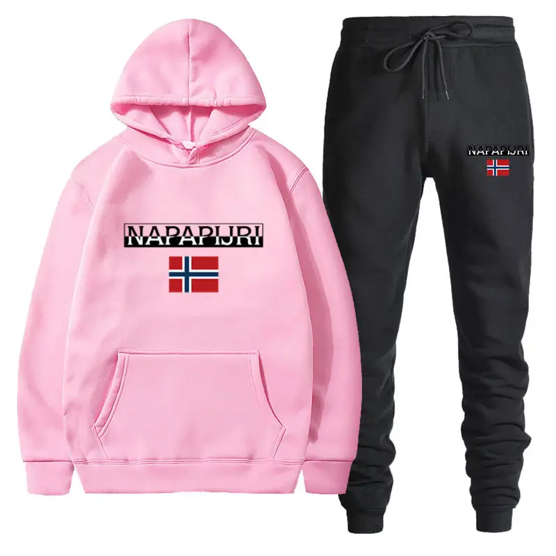 Men Women Black Fleece Hoodie Set with Flag Print