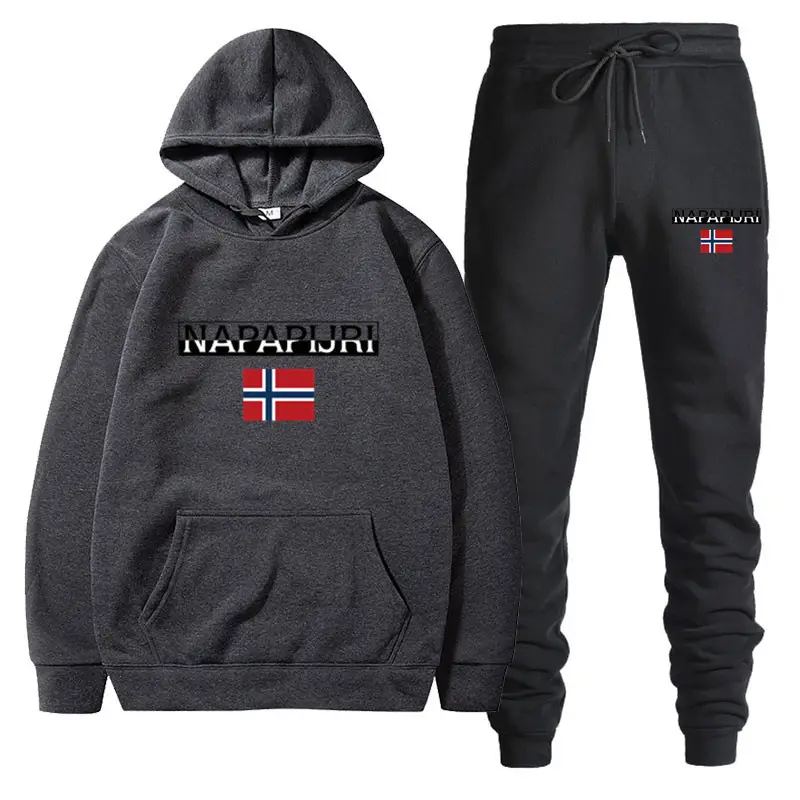 Men Women Black Fleece Hoodie Set with Flag Print