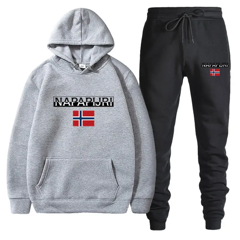 Men Women Black Fleece Hoodie Set with Flag Print