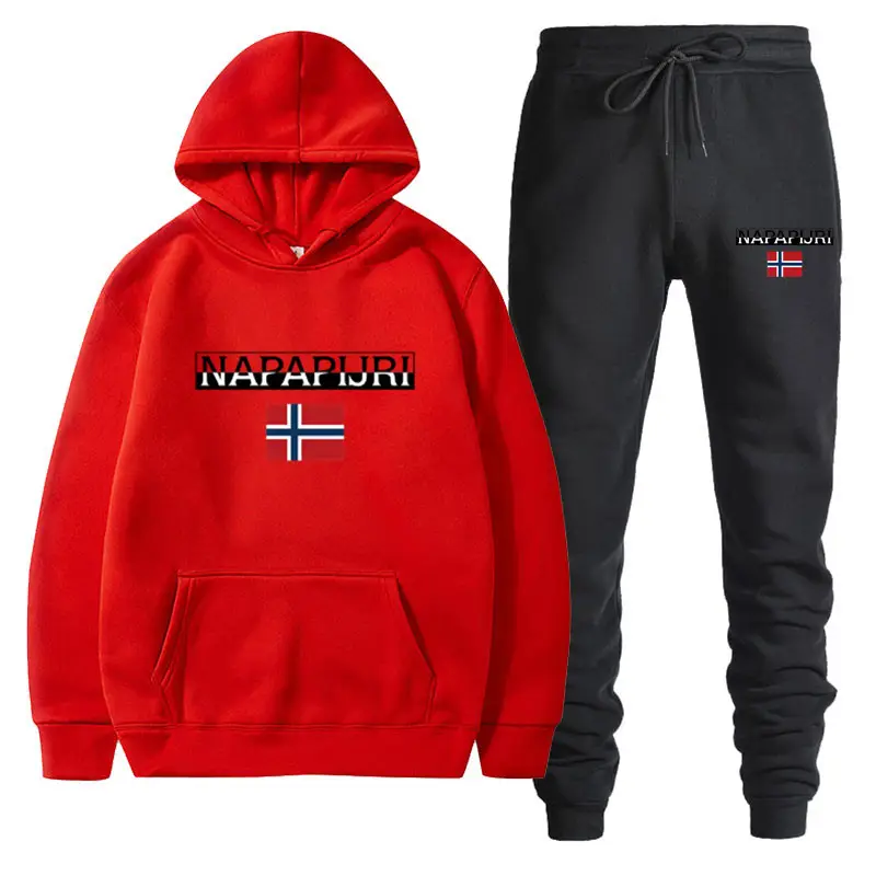 Men Women Black Fleece Hoodie Set with Flag Print
