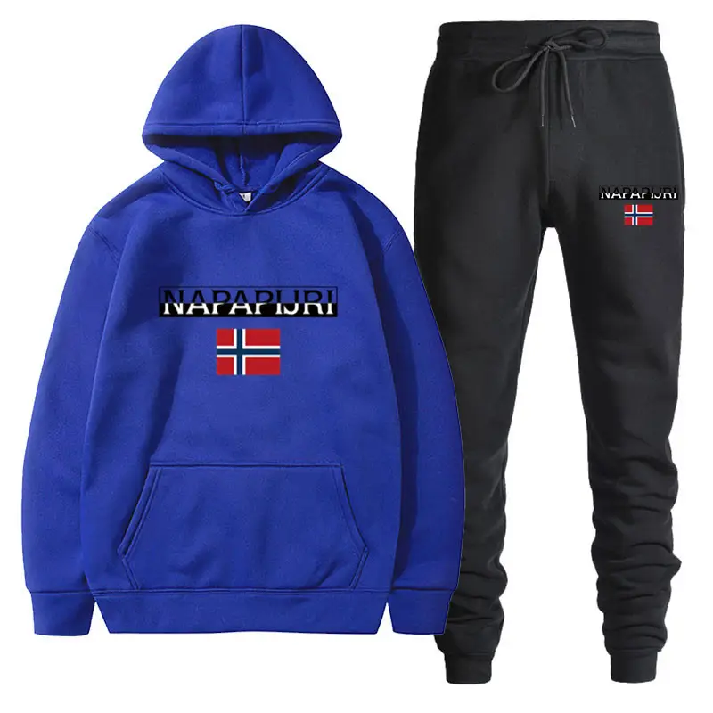 Men Women Black Fleece Hoodie Set with Flag Print